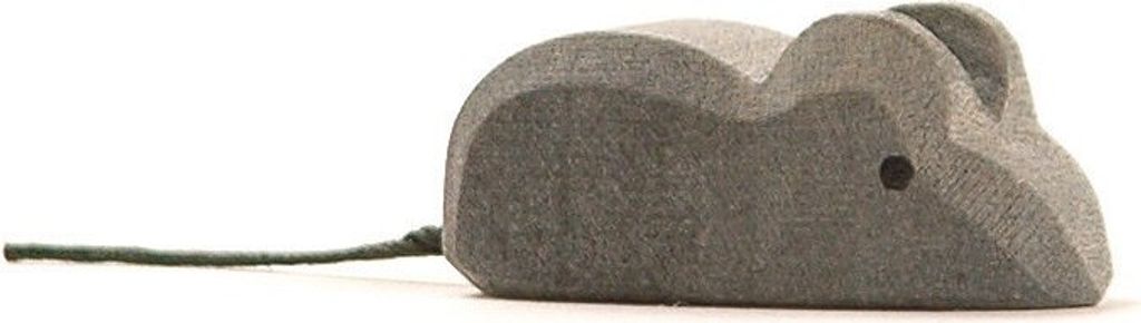A gray wooden toy mouse with a dark green string tail, isolated on a white background.