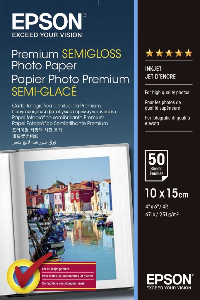 The image shows the packaging of Epson Premium Semigloss Photo Paper, with a sample photo of a canal scene displayed on an open album.