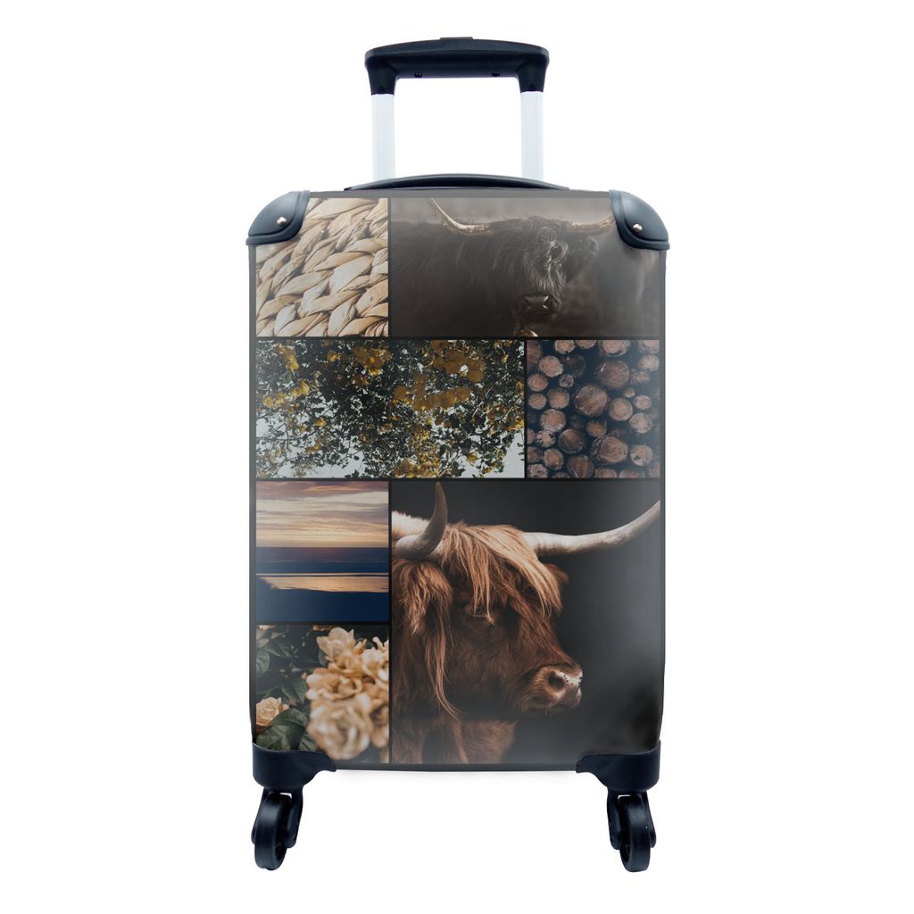 MuchoWow Koffer Handgepäck Trolley Rollkoffer Kleine Reisekoffer mit 4 Rollen - Schottischer Highlander - Garten - Baum - Blumen - Cabin Size < ...