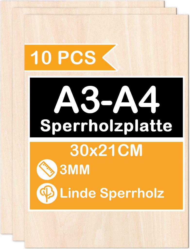 Aopunly 10-50 x A3/A4 Holz-Platte | 300 x 210 x 3 mm | Dünne Sperrholz-Zuschnitte | Perfektes Blatt für Laubsäge, Brandmalerei, Laserschnitt, Du...