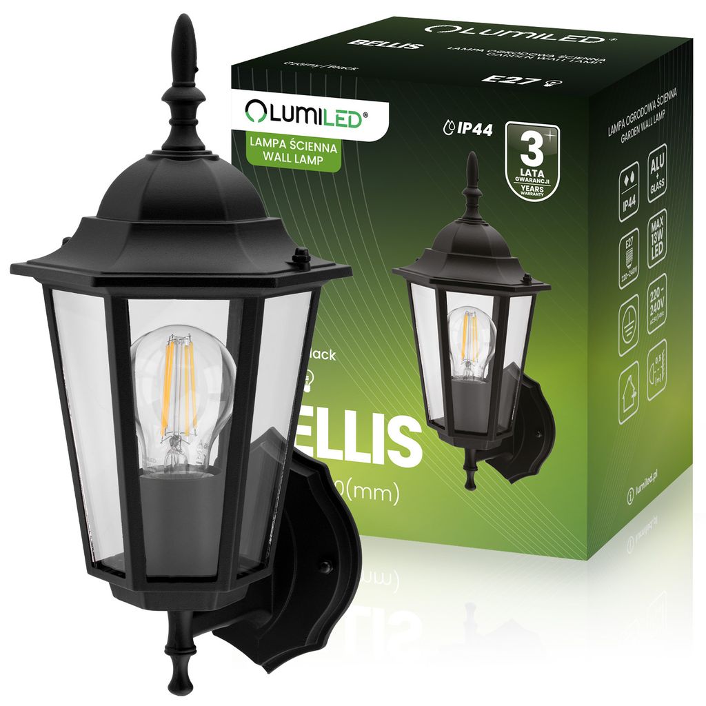 A black outdoor wall lamp is shown in front of its packaging. The packaging displays product information and branding.
