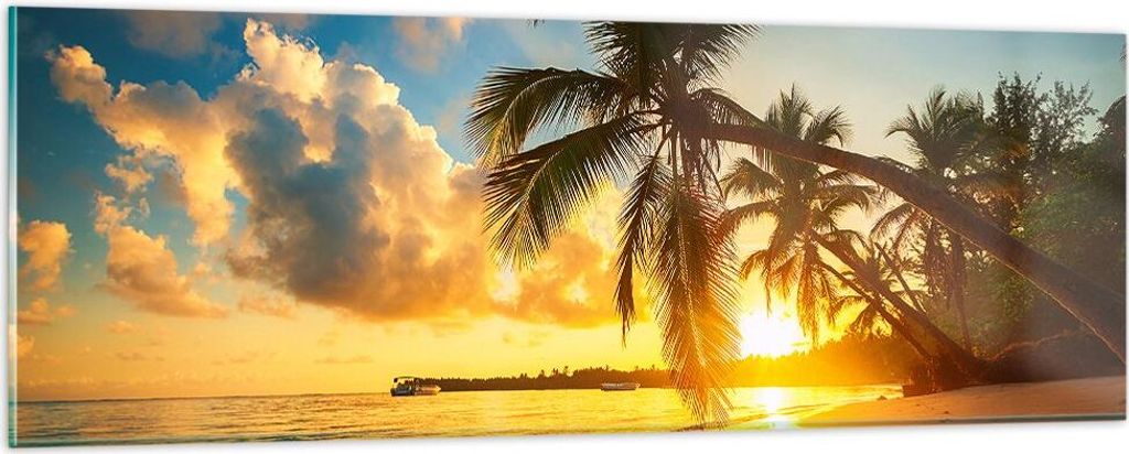 Bilder auf glas - Meer Strand Palme - 90x30cm - Glasbilder - Wandbilder - Kunstdruck - zum Aufhängen bereit - Wanddekoration aus Glas - Glas Bilde...