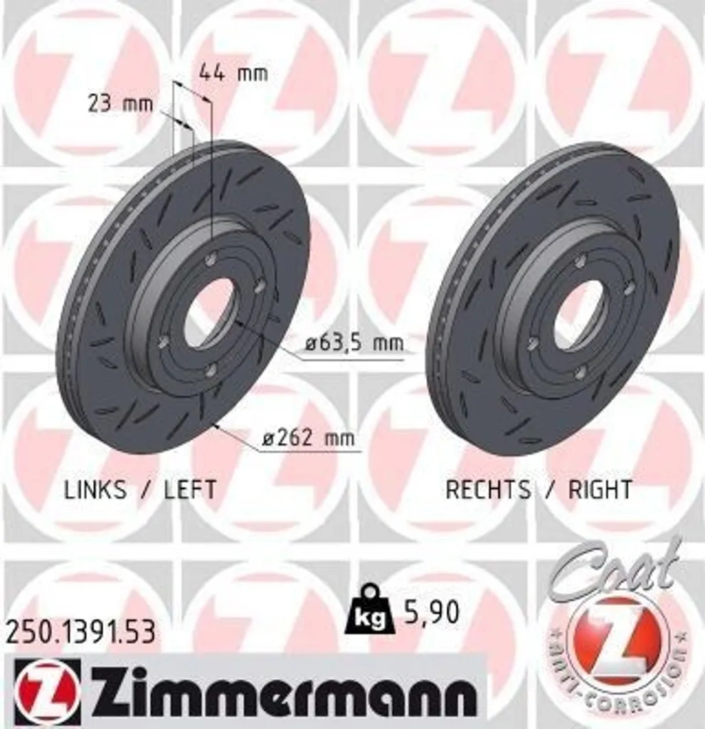 2 Disques de Frein Zimmermann 250.1391.53 pour Ford Fiesta Mk7