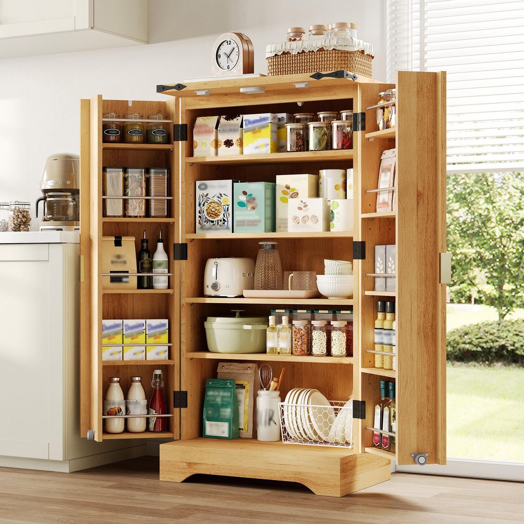 Merax Küchenschrank mit LED-Sensorlicht, Hochschrank mit Doppeltür und höhenverstellbare Regalböden, Küchenmöbel Gewürzregal, Stauraum Schra...