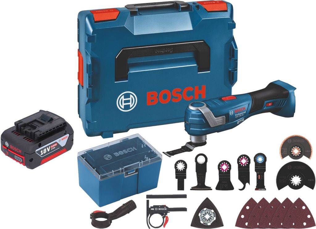 Bosch GOP 18V-34 Professional Akku Multi Cutter 18 V Starlock Plus + 1x Akku 4,0 Ah + 17 tlg. Zubehör + L-Boxx - ohne Ladegerät