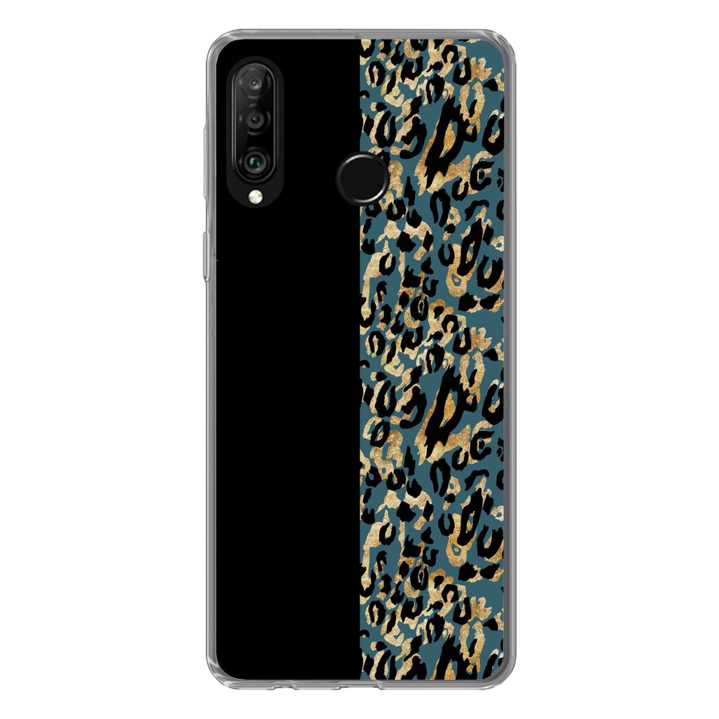 MuchoWow Handyhülle Schutzhülle Hülle für Huawei P30 Lite Pantherdruck - Gold - Pelz Silikon Softcase Handy Hülle - Handyhülle
