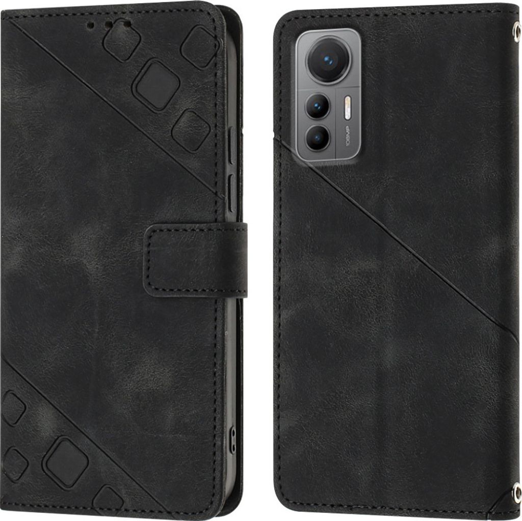 Hülle für Xiaomi 12 Lite Prägung Flip Leder Brieftasche Schutzhülle mit Ständer Schwarz