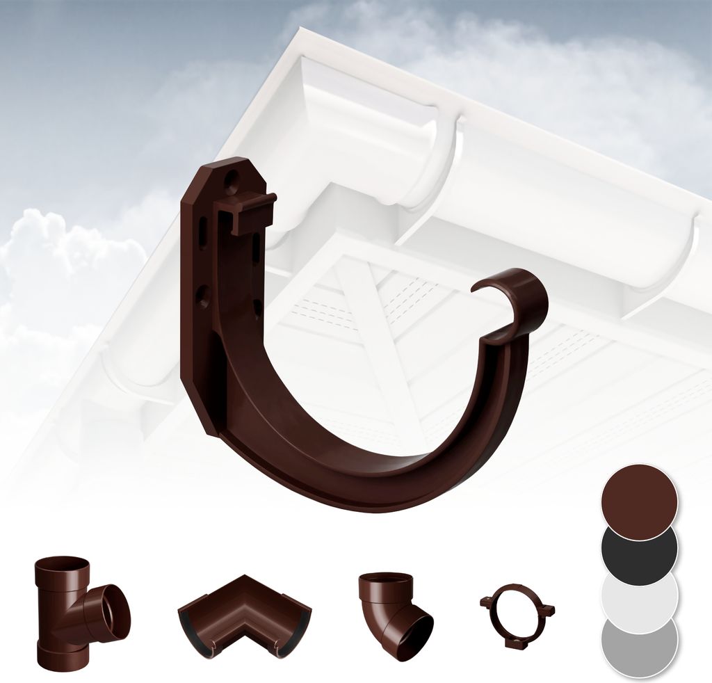 RAINWAY S Regenrinnen System (Rinnenhalter braun) - PVC-U Kunststoff in 4 Farben, für Dachflächen < 100m² empfohlen, Wandhalterung Haken Halterung