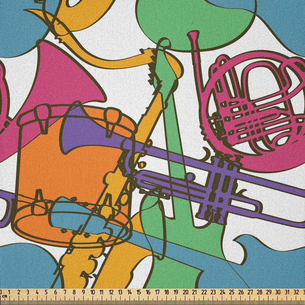 ABAKUHAUS Jazz Musik Microfaser Stoff als Meterware , Abstrakte Retrostil-Zusammensetzung mit bunter Musikinstrument-festlicher Party, 3 M (230 x 3...