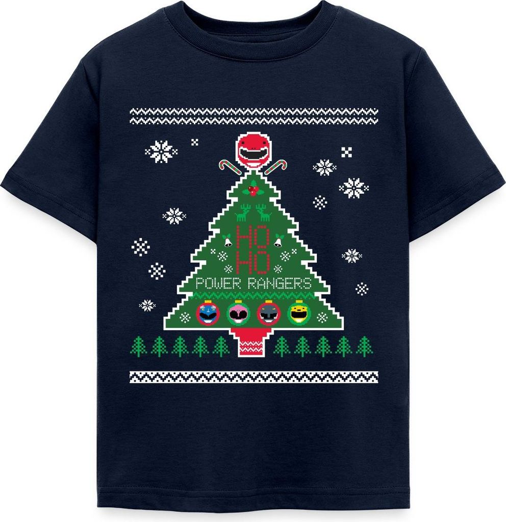 Spreadshirt Power Rangers Ugly Christmas Weihnachtsbaum Kinder T-Shirt, 110/116 (5-6 Jahre), Navy