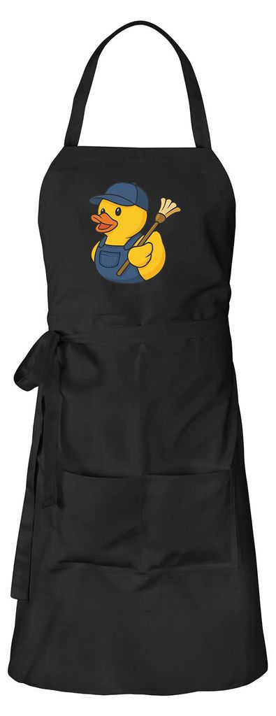 Huuraa Schürze Quietscheente Hausmeister Comic Gummiente Schwarz mit Taschen Baumwolle Kochschürze Geschenkidee