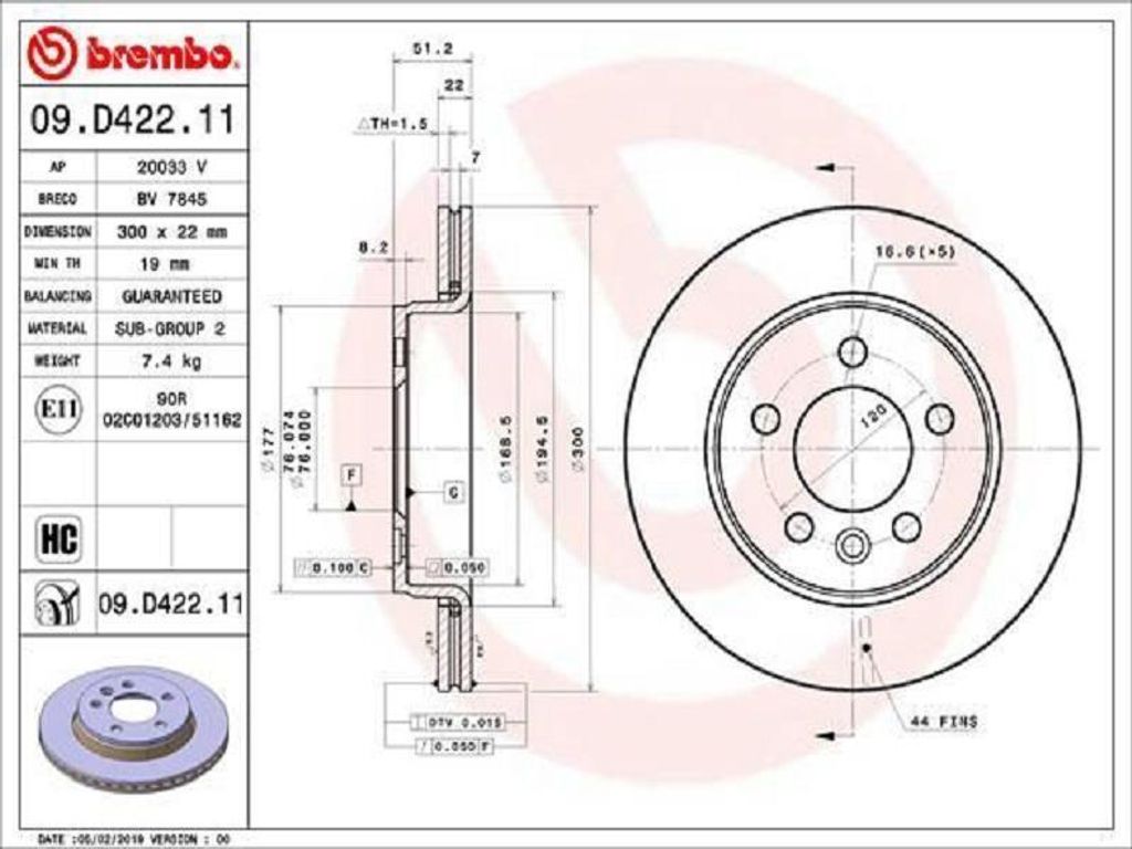 2x BREMBO Bremsscheibe 09.D422.11 für VW Crafter Kastenwagen (SY_ SX_) 51mm