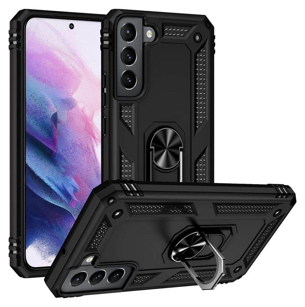 A black phone case with a ring holder is shown from multiple angles against a white background.