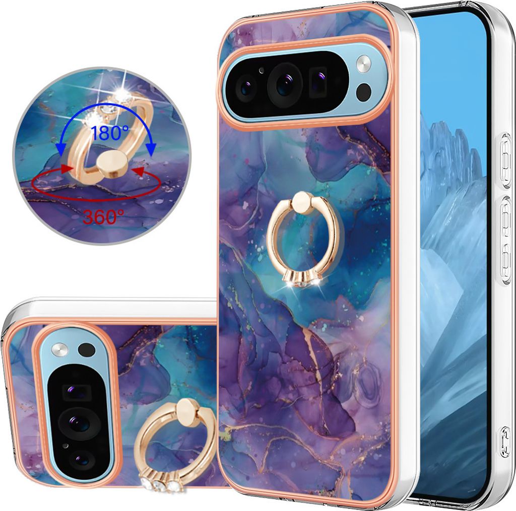 Hülle für Google Pixel 9 Pro Muster TPU Silikon Stoßdämpfer Bumper Schutzhülle mit Ring Ständer Dunkelblau