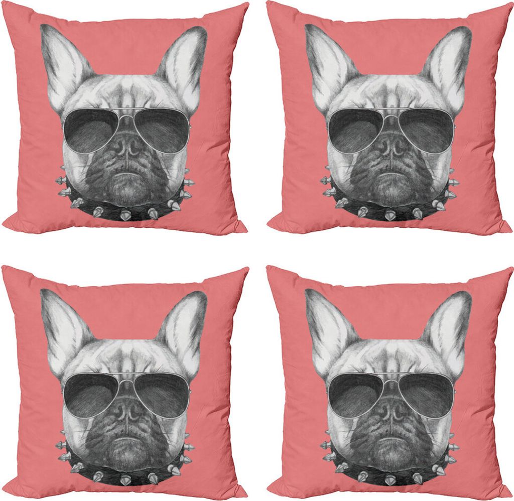 ABAKUHAUS Bulldogge Kissenbezug Set (4 Stück), Hundeskizze Sonnenbrillen, Moderner Doppelseitiger Digitaldruck, 40 cm x 40 cm, Schwarz, Grau und Rosa