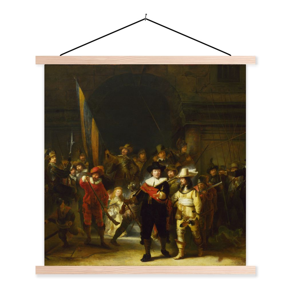 MuchoWow Textilposter Die Nachtwache - Rembrandt van Rijn 40x40 cm mit holzfarbenen Rahmen - Posterleiste