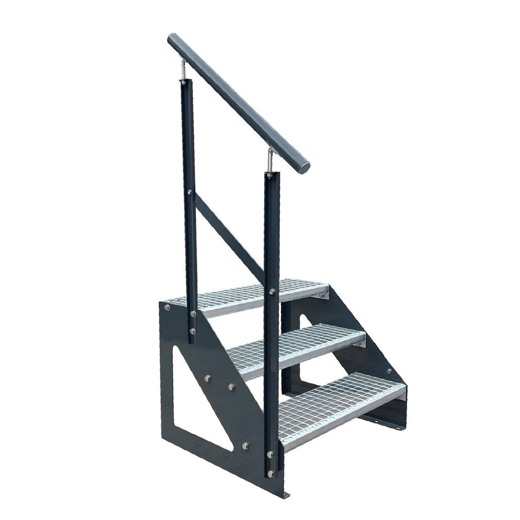 Gitterrost Stahl Freistehende Treppe 3 Stufen Verzinkt & Anthrazit Pulverlackierte Seiten + Geländer Links - (L x B x H) 63cm x 140cm x 57cm