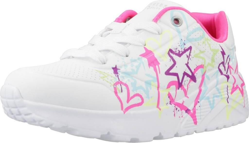 A white sneaker with colorful graffiti-style graphics.