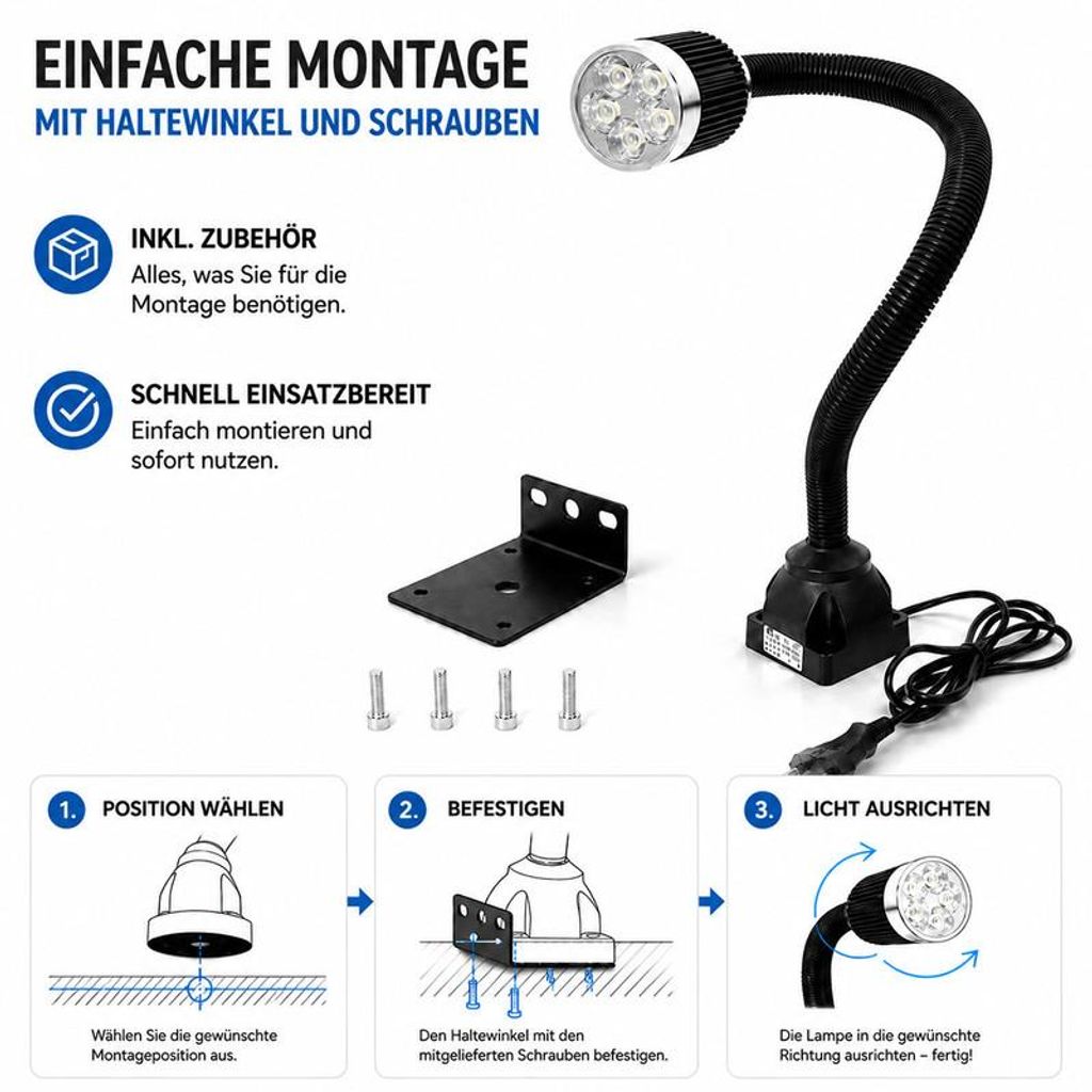LED Maschinenleuchte 5W, 48 cm Schwanenhals, 220V, Aluminium, montierbar für Werkbank und Werkstatt