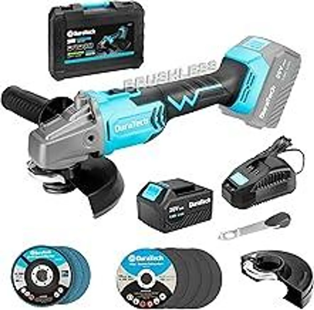 Smerigliatrice angolare a batteria DURATECH senza spazzole 20 V, con 5 dischi da taglio e 3 dischi a ventaglio, Ø 125 mm, 8500 giri/min, con batteria da 4,0 Ah, cappuccio protettivo, caricabatteria, valigetta portautensili, per levigare e tagliare