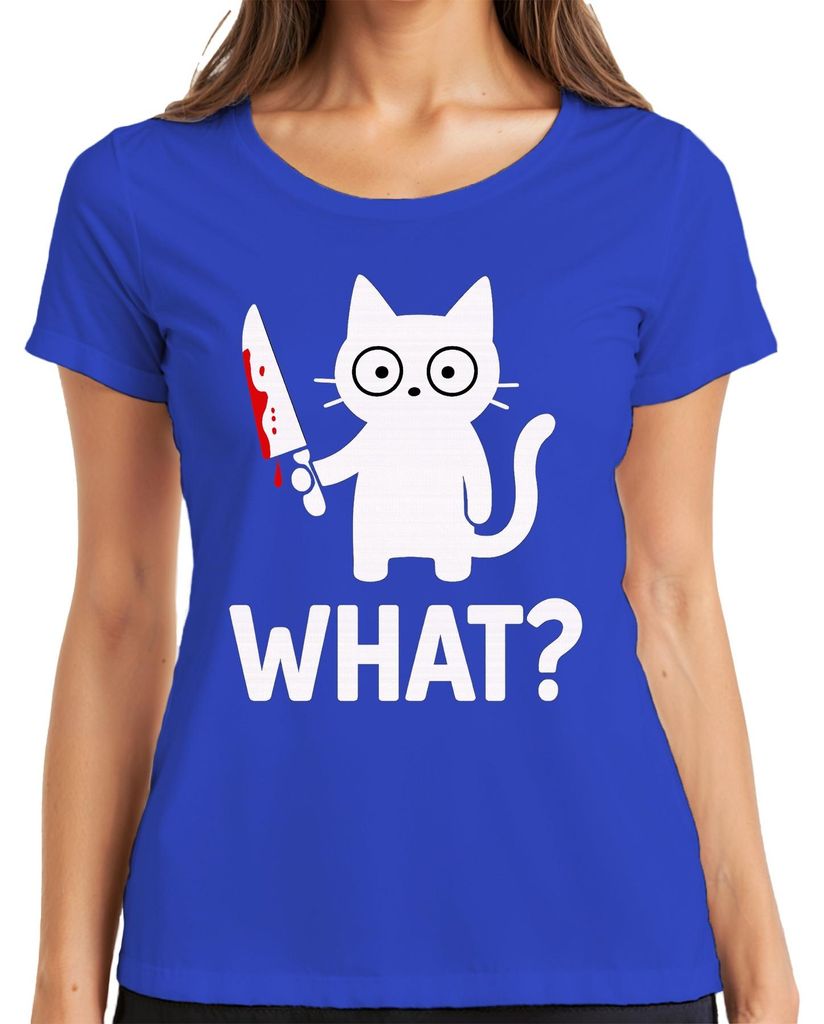 WHAT? Katze Messer Blut düster Halloween lustig Geschenk gruselig Damen T-Shirt, Blau, M