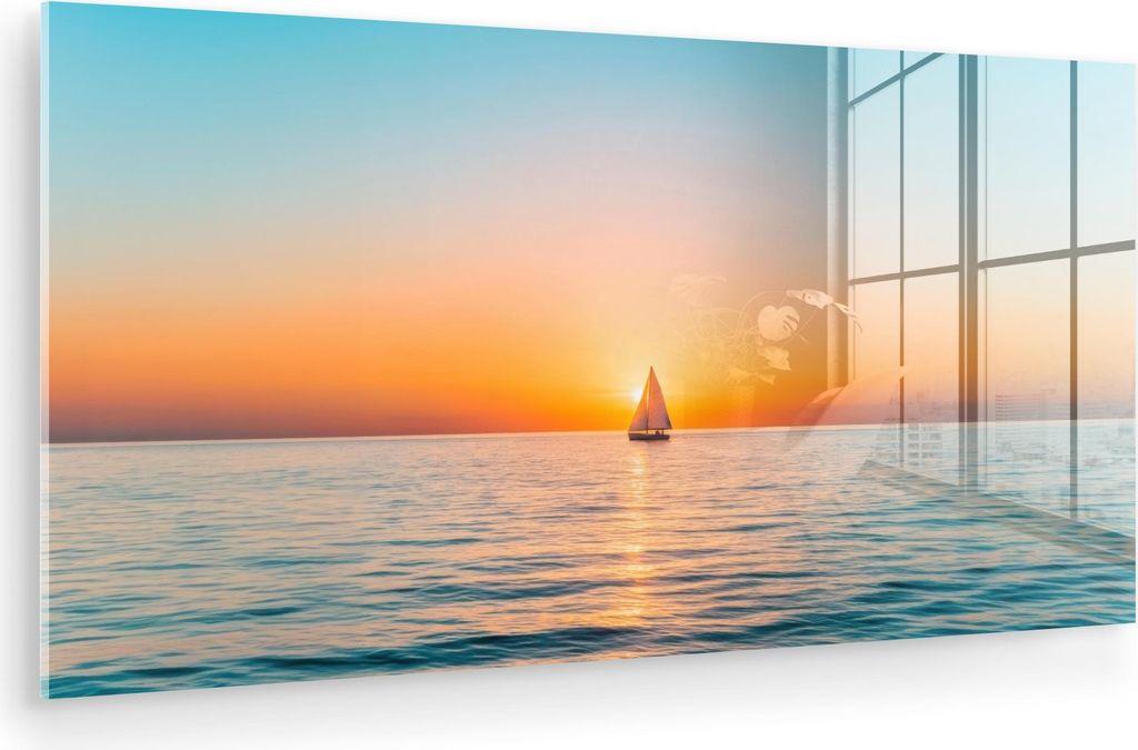 MuchoWow Glasbilder - Bilder auf Wandbild - Foto auf Glas Meer - Segelboot - Sonnenuntergang 120x60 cm Wanddekoration aus Glas - Acrylglasbild - Ac...