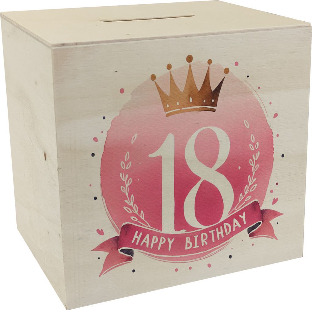 Happy Birthday 18 Krone Spardose aus Holz