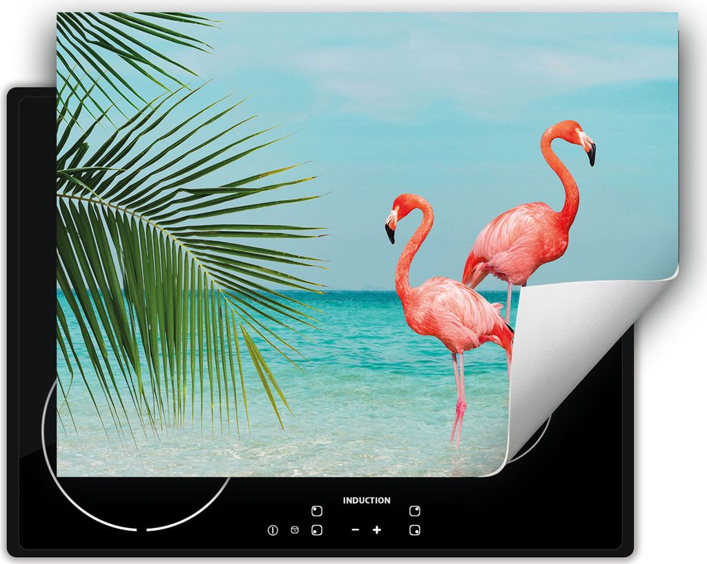 DarHaus Herdabdeckplatte 80x52 cm Anti Rutsch Matte Aufrollbar, Strand - Flamingo