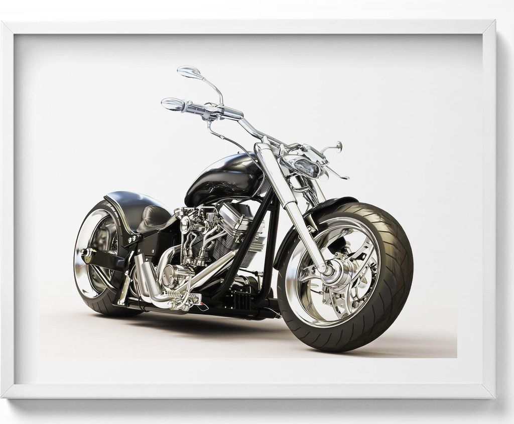 Schwarzes Motorrad– Wandbild mit Rahmen – Gerahmtes Bild – Wanddekoration – 80x60 cm – Weiß Rahmen