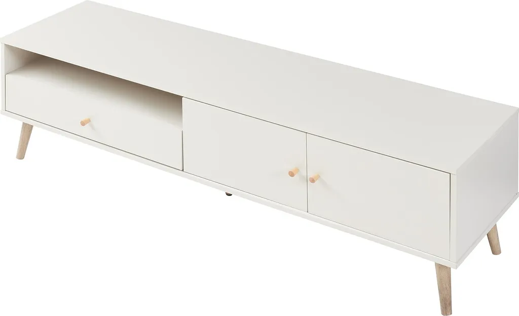 Banc TV Blanc Hallevil 150cm - Buffet Multimédia avec Rangements Bas - 5