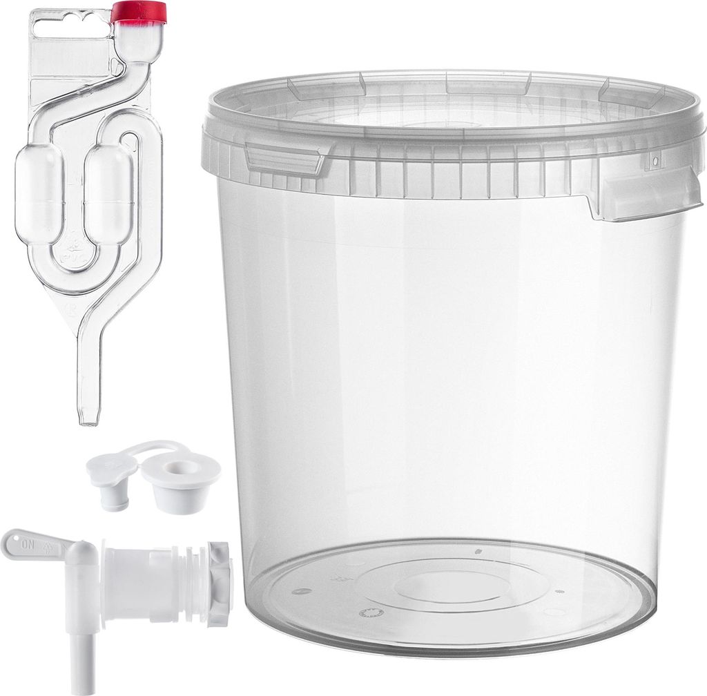 A fermentation bucket with accessories, including a airlock, spigot, and stoppers, displayed on a white background.