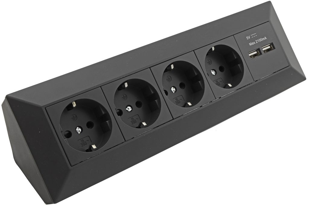 4-fach Steckdosenblock + 2x USB, schwarz Produktbild 3