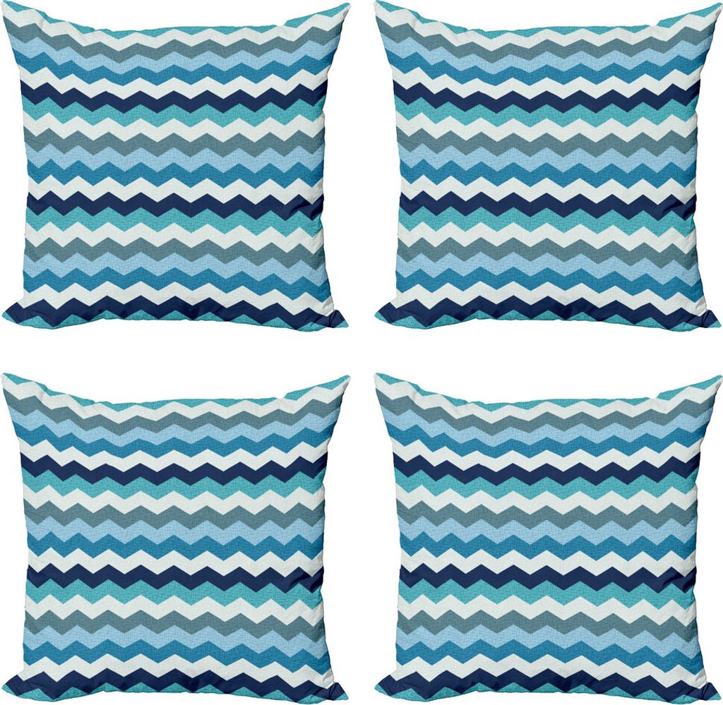 ABAKUHAUS Wasser Kissenbezug Set (4 Stück), Retro Zickzack-Streifen, Moderner Doppelseitiger Digitaldruck, 60 cm x 60 cm, Blassblau Marineblau