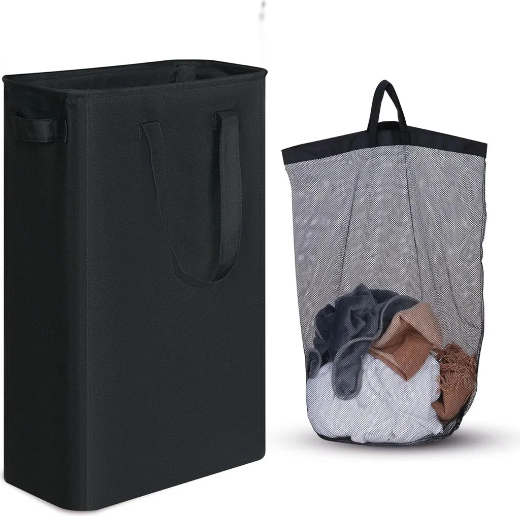 Panier à linge mince pliable 50L noir : fini l'encombrement au sol !