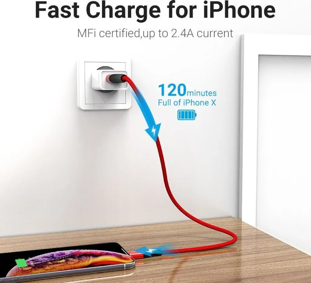 Câble Lightning MFi Anti-Rupture 2m Rouge Vention pour iPhone iPad - 4