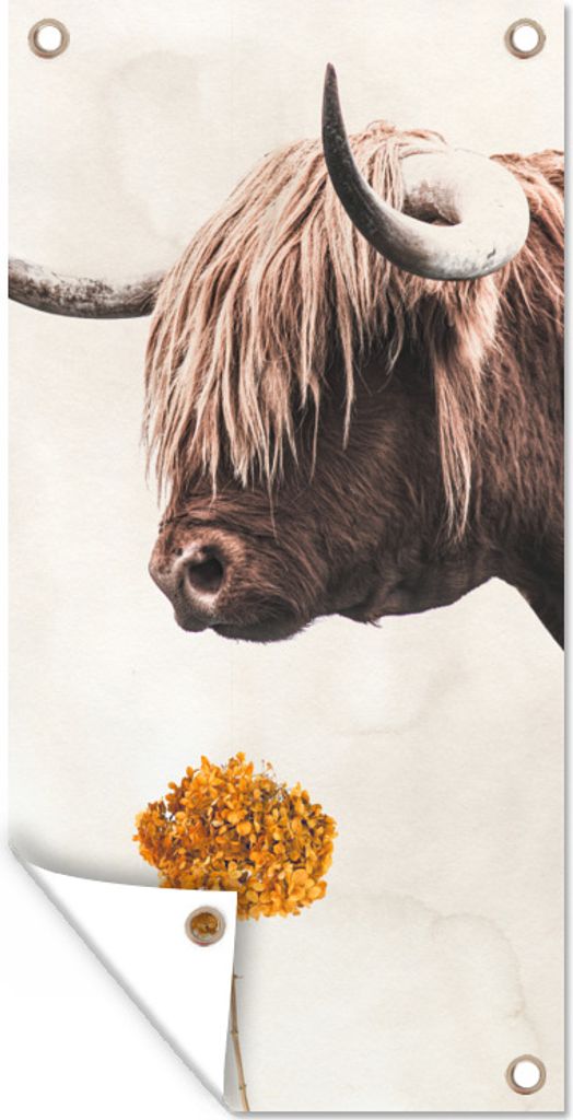 MuchoWow 40x80 cm Outdoor-Poster Gartendeko Sichtschutz Garten Poster für den Garten Schottischer Highlander - Vintage - Blume