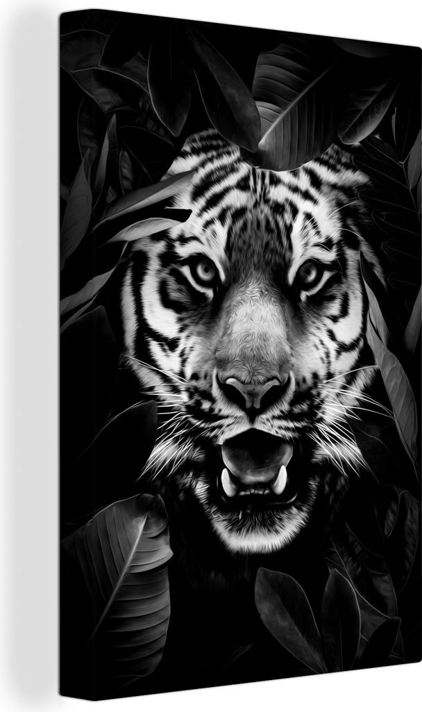 OneMillionCanvasses - Leinwandbilder - 90x140 cm, Tiger mit offenem Maul zwischen Blättern - schwarz und weiß, Wandbilder Kunstdruck Wanddekora...