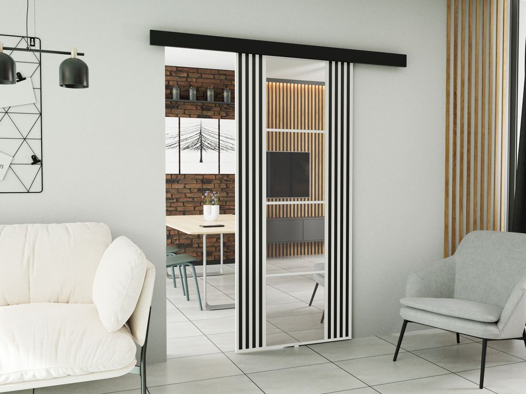 Schiebetür mit Spiegel 90 cm Elora - Schwebetür mit Lamellen imitation, Design Zimmertür - Schiebetürsystem (Weiß)