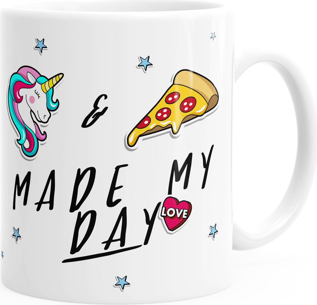 Kaffee-Tasse Einhorn und Pizza made my day Sprüche Spruch einfarbig MoonWorks weiß unisize