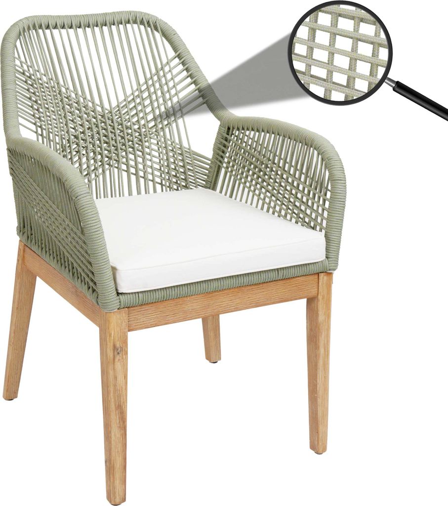 Gartenstuhl HWC-H56b, Sessel Outdoor Stuhl, wetterfest Seilgeflecht Rope Holz Akazie grün Kissen creme
