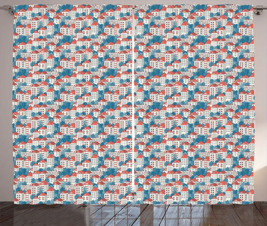 Paire de rideaux de salon à motif paysage urbain avec boucles 280cm