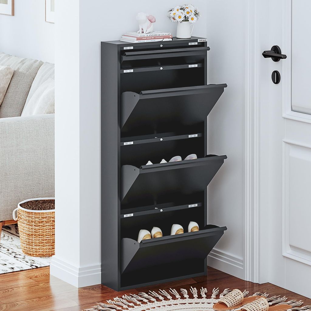 VEEHAUS Schuhregal Schmal Metall Schuhschrank Hoch Schuhkipper mit Magnetische Abdeckung Metall Montiert Schuhschrank Schmal und Wandmontage (Schwa...