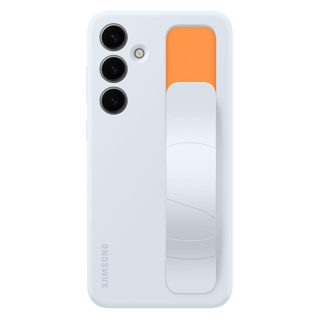 A white Samsung phone case with an orange accent and a white grip.