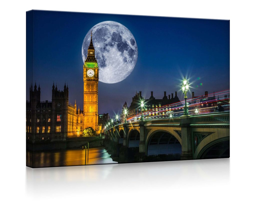 lightbox multicolor | Beleuchtetes Wandbild | Big Ben vor großen Mond in London | 80x60 cm | front lighted