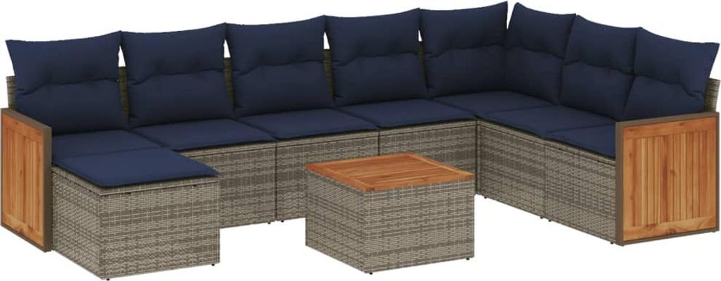 vidaXL 9-teiliges Gartensofa-Set mit Kissen, grau, Polyrattan