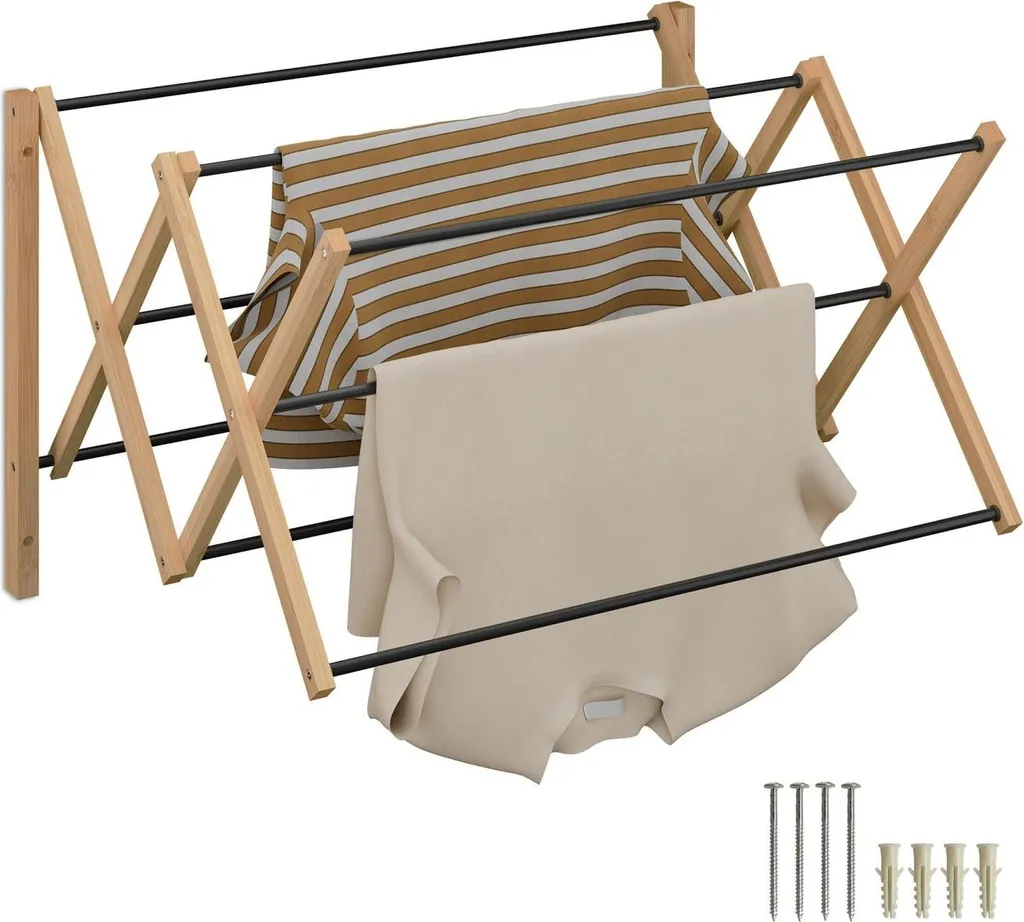 Égouttoir mural en bambou et métal noir - Modèle extensible 45-70cm
