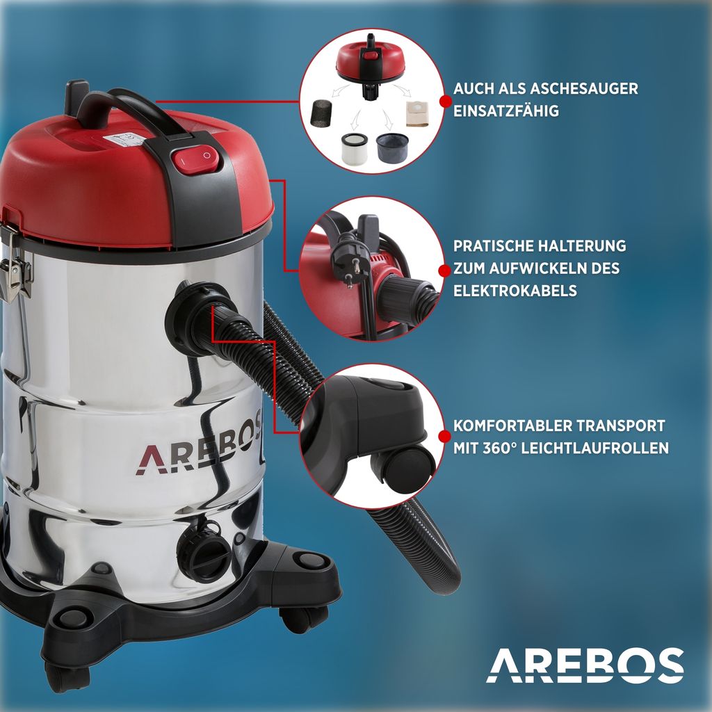 AREBOS Priemyselný vysávač 1800 W, vysávač na mokré a suché Obrázok produktu 5