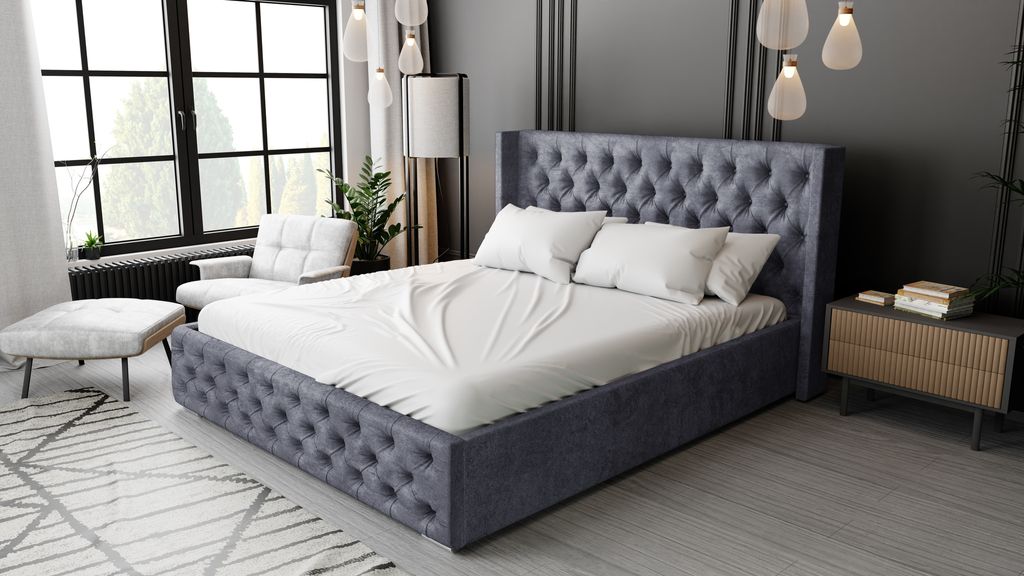 Polsterbett 140x200 cm Rolia - Chesterfield Doppelbett - Bettkasten, Kopfteil, Lattenrost - Samt Dunkelgrau