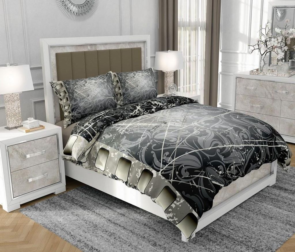 Bettwäsche 140x200 cm + 2x70x80 cm, 3-teilig, 100% Baumwolle, Satin, Reißverschluss, abstrakt, Grau - SOVIO | So.0097