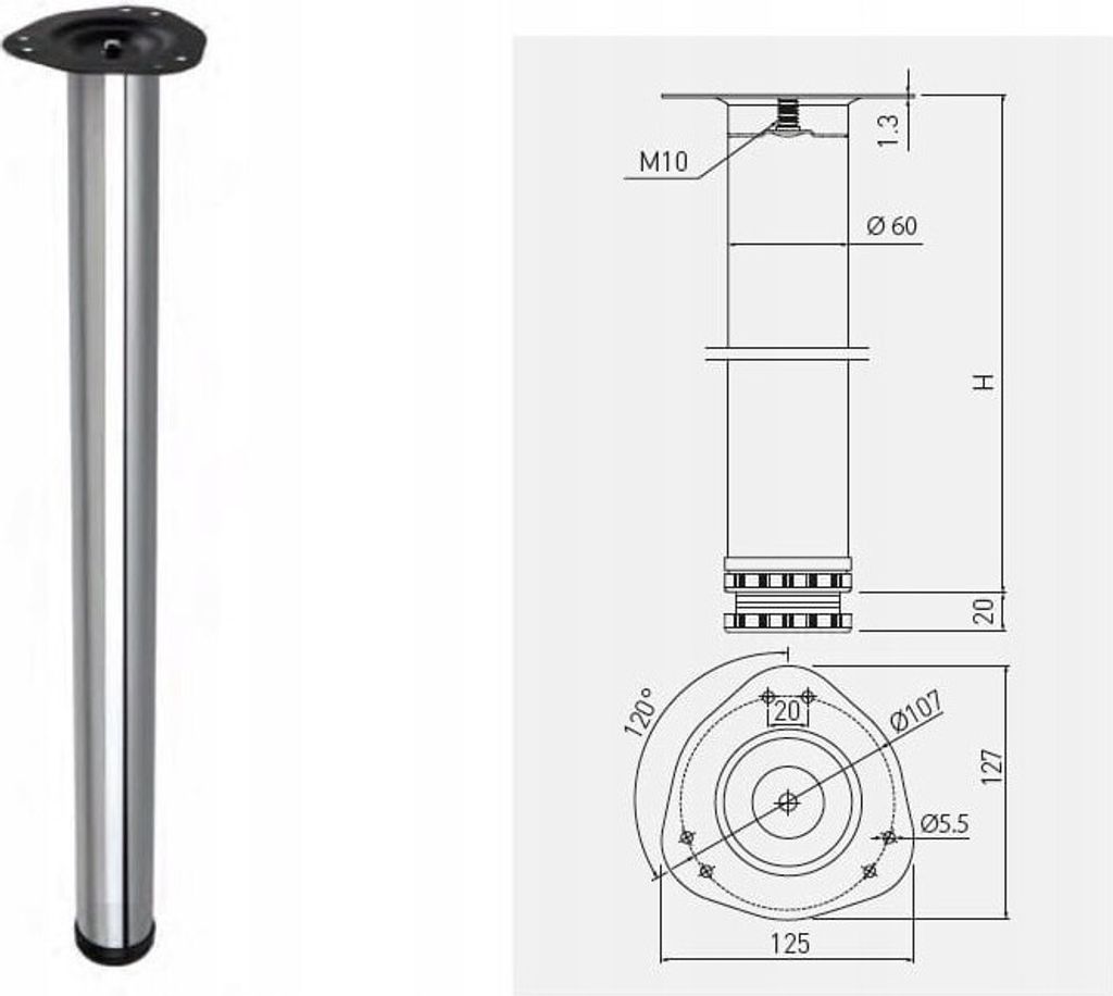 1St. Tischbeine Möbelfuß H710mm Ø60mm Tischbein Produktbild 3